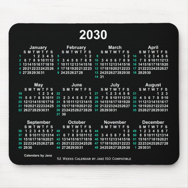 Tapis De Souris Neon White 2030 52 semaines Calendrier ISO par Jan (Devant)