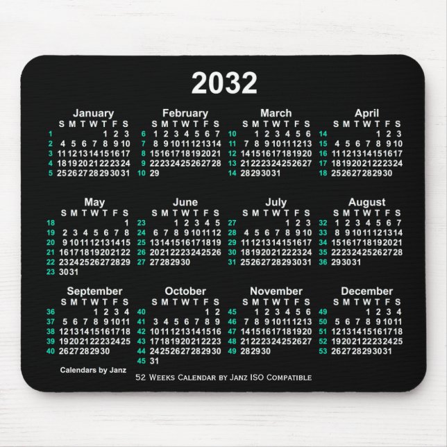 Tapis De Souris Neon White 2032 52 semaines Calendrier ISO par Jan (Devant)