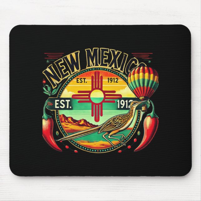 Tapis De Souris New Mexico Zia Symbol, Roadrunner &amp; Chile Pepp (Devant)