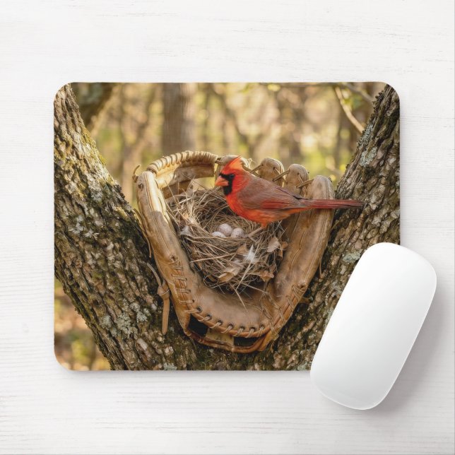 Tapis De Souris Nid de cardinal dans un gant de baseball (Avec souris)