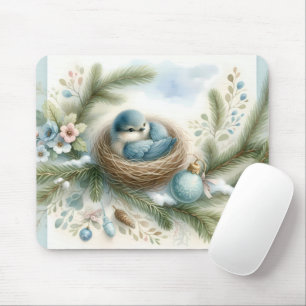 Tapis De Souris Nid de merlebleu avec ornements dans les pins en h