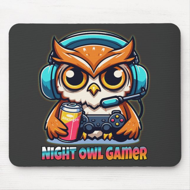 Tapis De Souris Night Owl Gamer Mascot Fun Gaming Illustration (Devant)