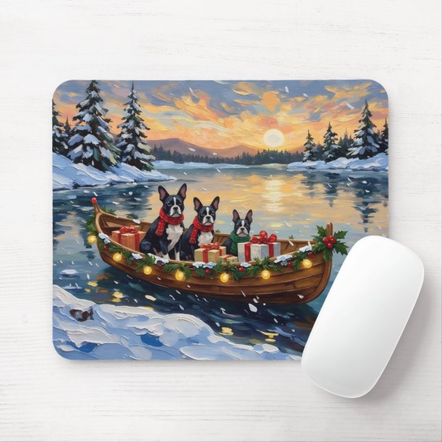 Tapis De Souris Noël Boston Terrier Bateau Fêtes (Avec souris)