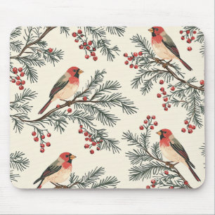 Tapis De Souris Noël Crème de Baie de Pin Cardinal Rouge Vintage