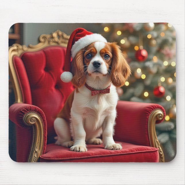 Tapis De Souris Noël Le roi Charles Spaniel sur une chaise rouge (Devant)