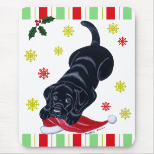 Tapis De Souris Noël noir de chiot de Labrador et de casquette de