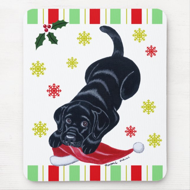 Tapis De Souris Noël noir de chiot de Labrador et de casquette de (Devant)
