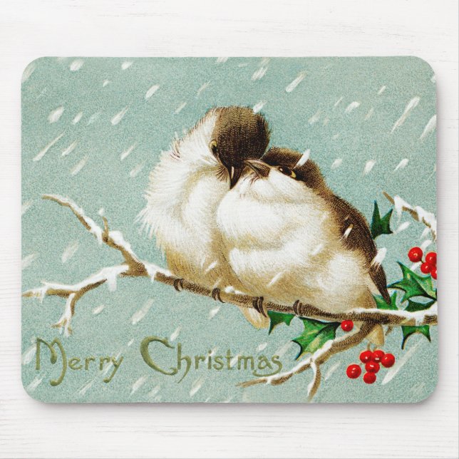 Tapis De Souris Noël oiseaux vintage joyeux rétro  (Devant)