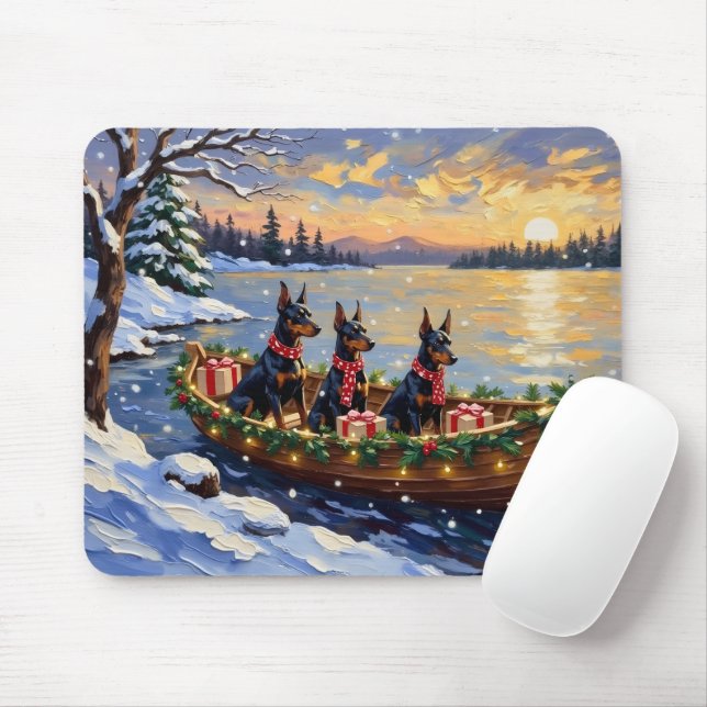 Tapis De Souris Noël sur un bateau avec Doberman Pinscher (Avec souris)