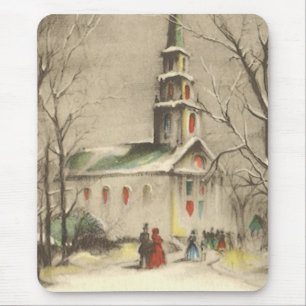 Tapis De Souris Noël vintage, église dans un paysage enneigé hiver