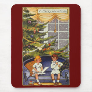 Tapis De Souris Noël vintage, Enfants assis sur un canapé