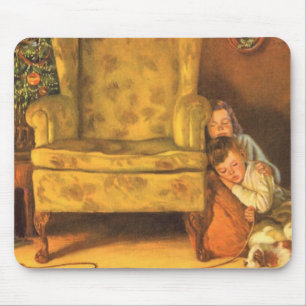 Tapis De Souris Noël vintage Enfants attendant le Père Noël