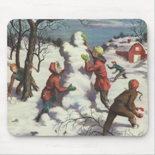 Tapis De Souris Noël vintage, enfants bataille de boules de neige