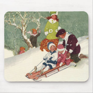 Tapis De Souris Noël vintage, enfants faisant de la luge dans la n