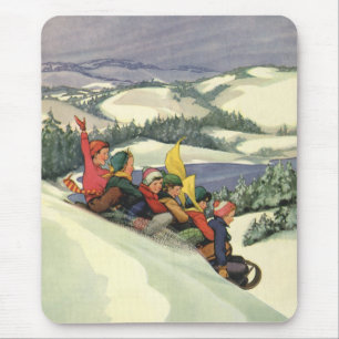Tapis De Souris Noël vintage, enfants faisant de la luge sur une m