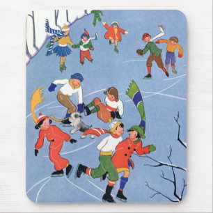 Tapis De Souris Noël vintage, enfants patinant sur un lac