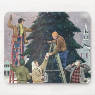 Tapis De Souris Noël vintage, famille accrochant des lumières sur 
