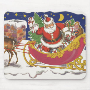 Tapis De Souris Noël Vintage, Jolly Santa Claus avec Sleigh