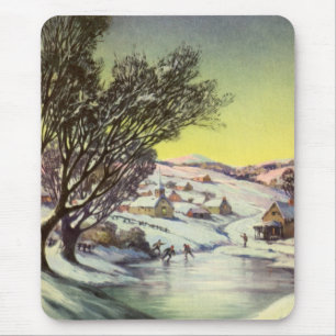 Tapis De Souris Noël vintage, lac gelé avec patineurs