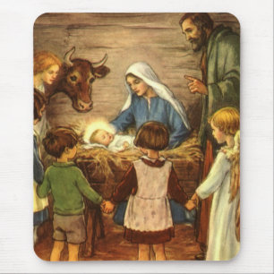 Tapis De Souris Noël Vintage, Nativité Religieuse avec Bébé Jésus