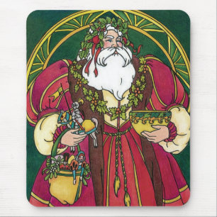 Tapis De Souris Noël vintage, Père Noël avec feuilles de houx