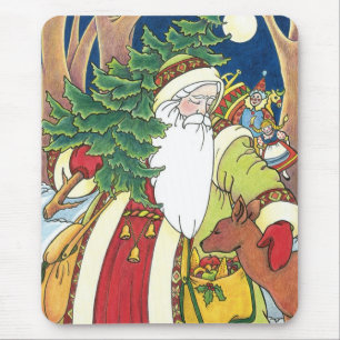 Tapis De Souris Noël vintage, Père Noël Cerf dans la forêt