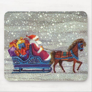 Tapis De Souris Noël vintage, Père Noël traîneau ouvert à cheval