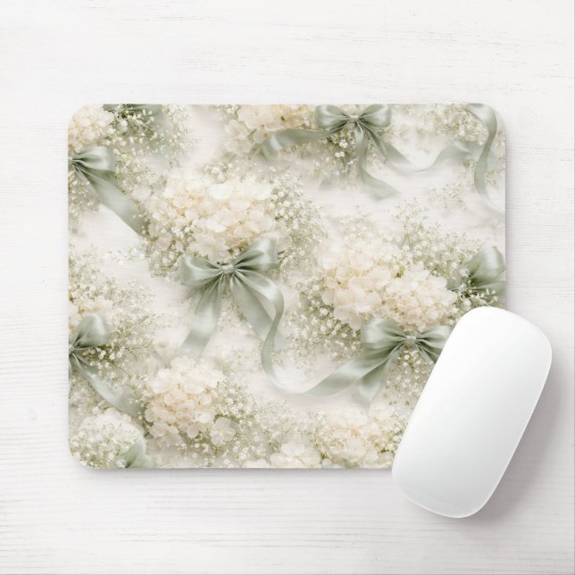 Tapis De Souris Nœuds de mariage vert sauge et fleurs d'hortensia (Avec souris)