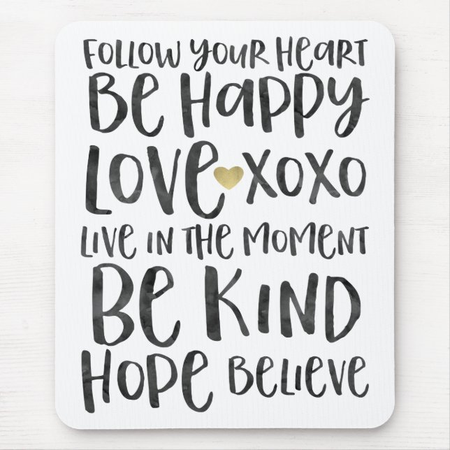 Tapis De Souris Noir Aquarelle Mots Inspirationnels Gold Heart (Devant)