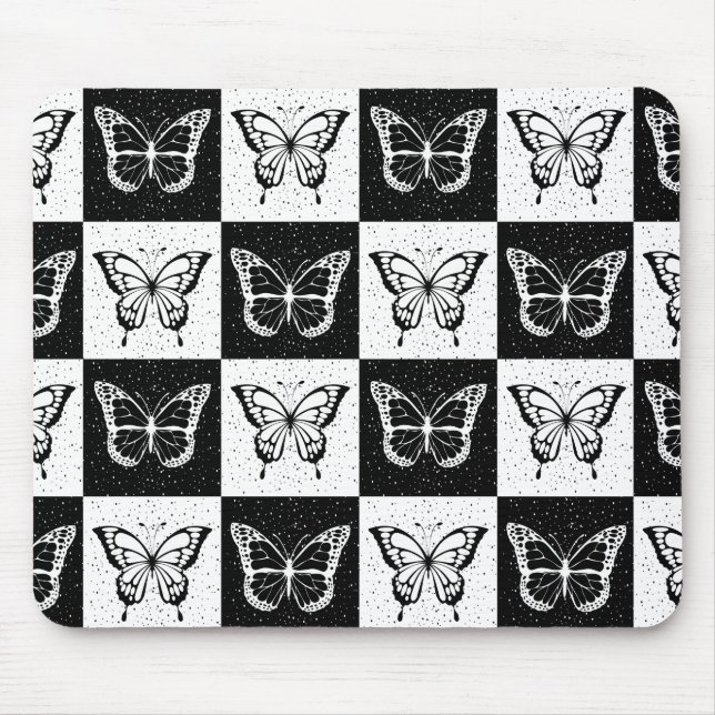 Tapis De Souris Noir blanc À damiers conception papillon (Devant)
