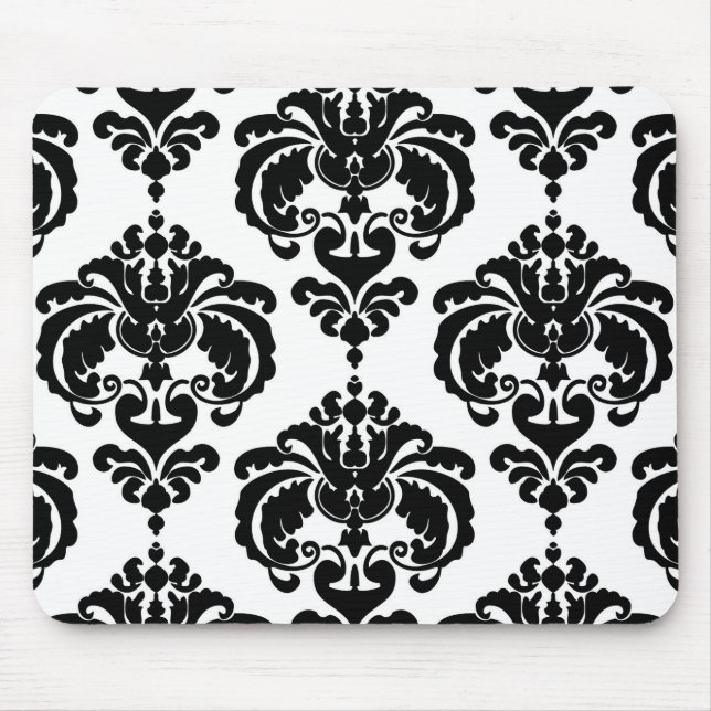 Tapis De Souris Noir & Blanc Damask Chic Moderne Motif élégant (Devant)