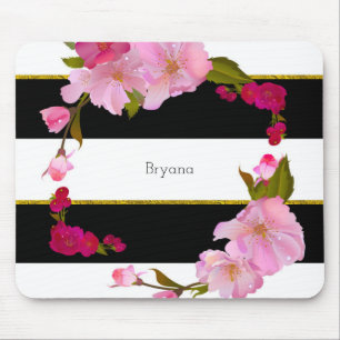 Tapis De Souris Noir Blanc et Or Moderne Floral Chic Glamour