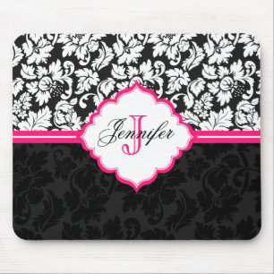 Tapis De Souris Noir blanc et rose Vintage Damas florales 2