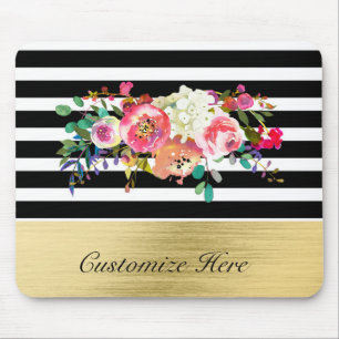 Tapis De Souris Noir Blanc Or Moderne Floral Glamour Élégant Chic