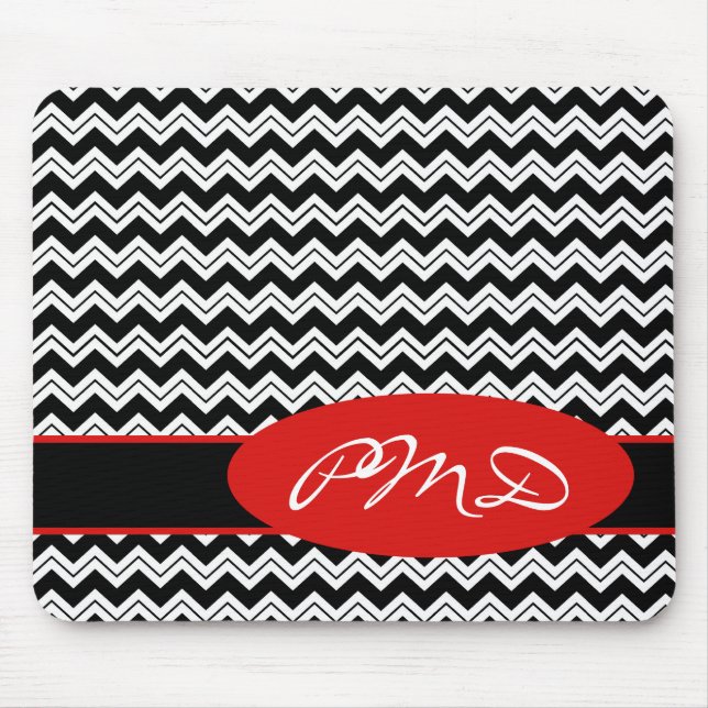 Tapis De Souris Noir & Blanc Personnaliser Monogram Chevron Zizzag (Devant)