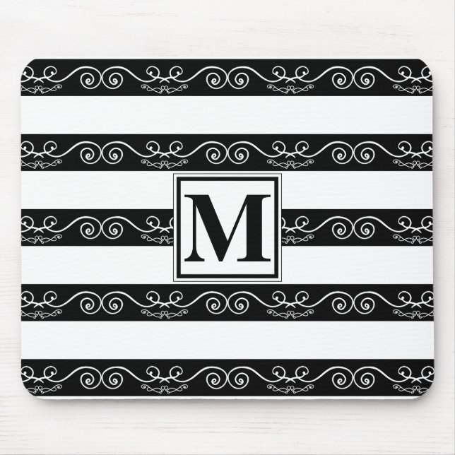 Tapis De Souris Noir Blanc rayé design Monogramme (Devant)