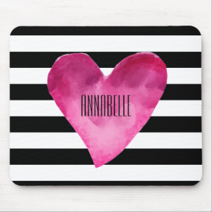 Tapis De Souris Noir + Blancs Aquarelle PINK Nom du coeur