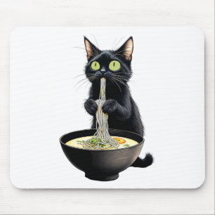 Tapis De Souris Noir Chat Manger Ramen nouilles Japonais Nourritur