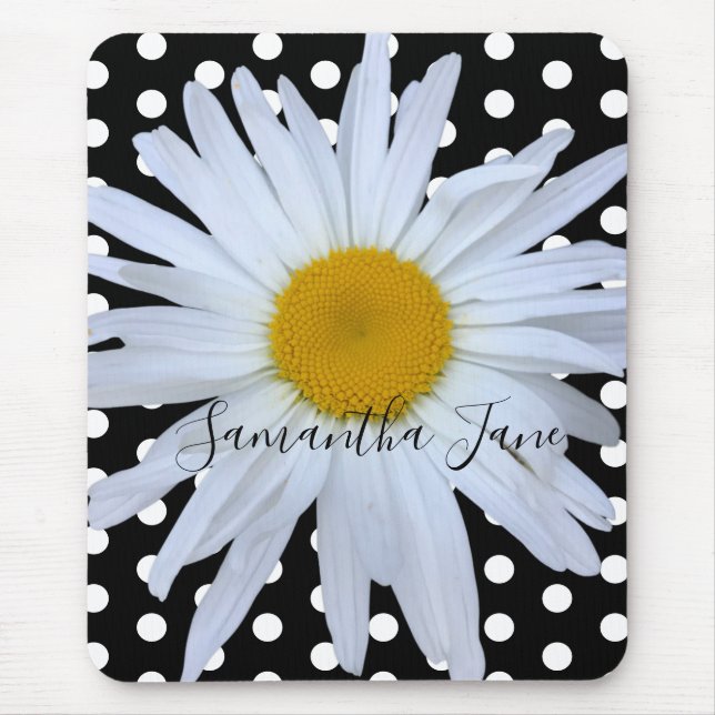Tapis De Souris Noir Chic Blanc Pois Daisy Personnalisé (Devant)