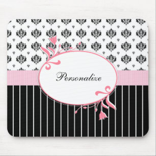 Tapis De Souris Noir Et Blanc Damas Chic Rose Floral Avec Nom