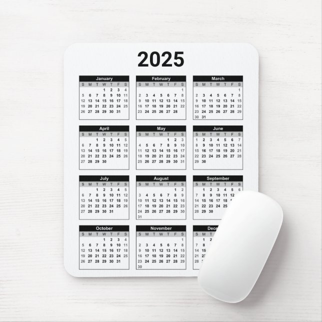 Tapis De Souris Noir et blanc USA 2025 Calendrier annuel (Avec souris)