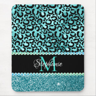 Tapis De Souris Noir et Bleu sarcelle Léopard Glamour Monogramme