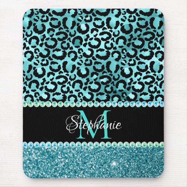 Tapis De Souris Noir et Bleu sarcelle Léopard Glamour Monogramme (Devant)