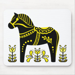 Tapis De Souris Noir/jaune Nordic Folk Dala cheval/Folk Friesian