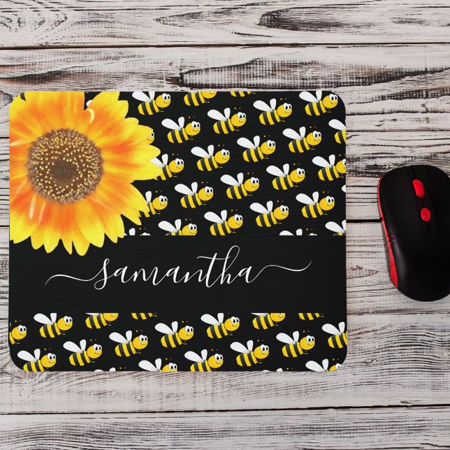 Tapis De Souris Noir joyeux bosse abeilles tournesol script monogr (Créateur téléchargé)