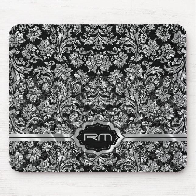 Tapis De Souris Noir & Métallic Argent Floral Damas Monogramme (Devant)
