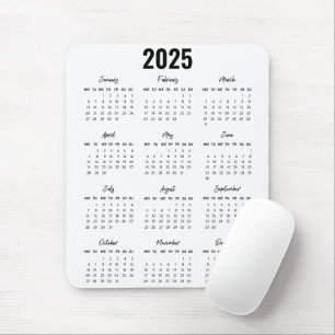 Tapis De Souris Noir moderne Blanc 2025 Calendrier Pleine Année Vu