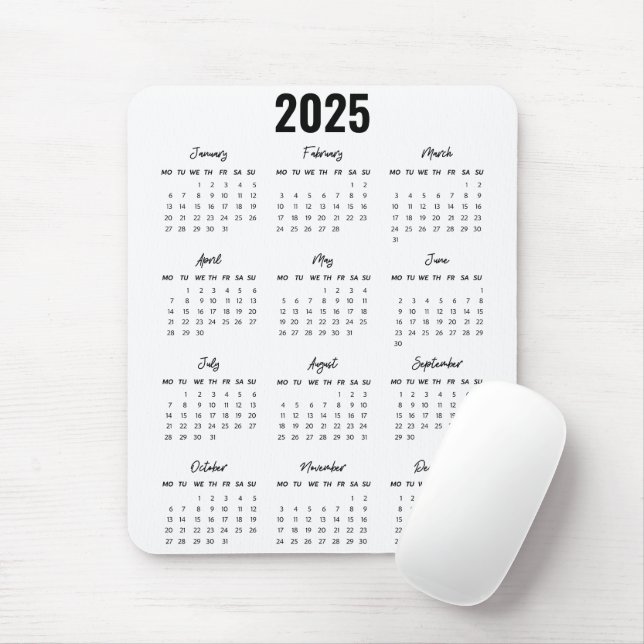 Tapis De Souris Noir moderne Blanc 2025 Calendrier Pleine Année Vu (Avec souris)