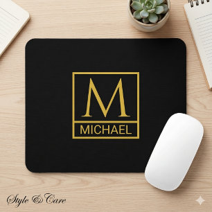 Tapis de souris noir personnalisé avec initiale et