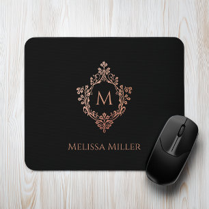 Tapis De Souris Noir rose Élégant Vintage Crest Nom du monogramme